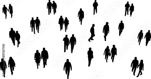 CAD Drawings. Top view of silhouette people holding shopping bags, walking or standing isolated on white background. Vector illustration.