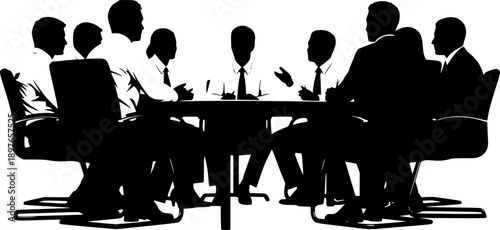Vector illustration of business meeting presentation with team discussion, corporate people silhouette, manager explaining strategy on board, office teamwork collaboration concept in black and white