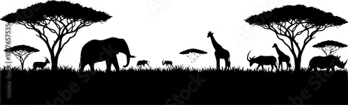 Silhouette of animals in the savannah. African landscape scene. Vector horizontal seamless tropical background with elephants, giraffes and lion. Black isolated silhouette 