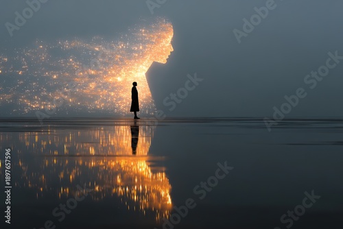 Conceptual silhouette of a person standing between real world and digital city reflection