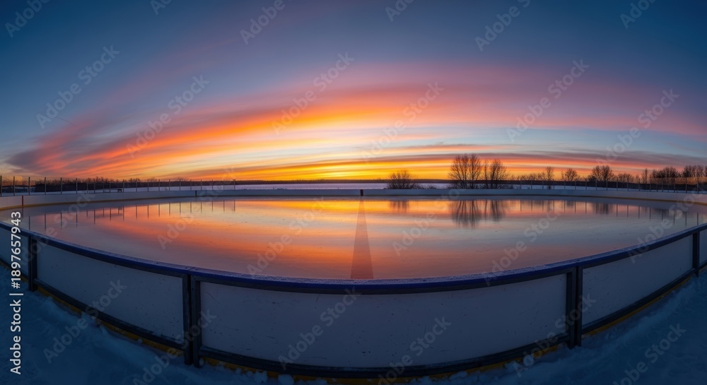 Fototapeta premium Empty outdoor ice rink reflecting vibrant sunset sky. Winter recreation, sports, and holiday concept for picturesque open-air skating.