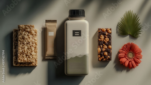 A close up of a few food items and a bottle of granola. The granola is in a bag and the bottle is on a table