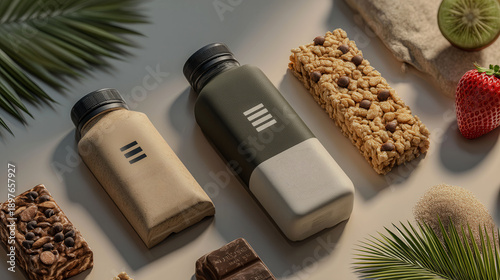 Three containers of granola bars are displayed on a table with a variety of other snacks. The granola bars are in different shapes and sizes