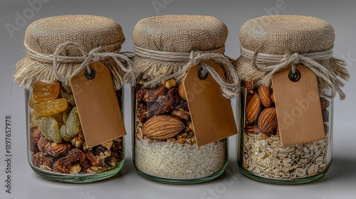 Three jars of nuts and dried fruit are lined up on a table. The jars are labeled with tags and are filled with a variety of nuts and dried fruit. The jars are arranged in a row