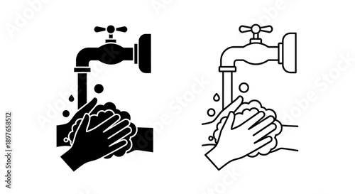 Washing hands icon with faucet for hygiene and cleanliness.