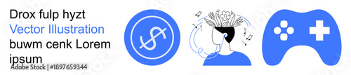 Mental health, gaming, creativity, digital entertainment, finance, conceptual ideas. A person with a musical mind, gaming controller and currency icon. Mental health and gaming concepts