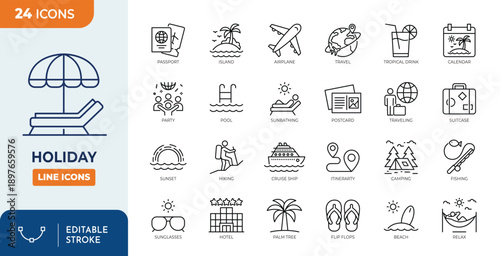 Holiday line editable icon set. Containing Holiday, vacation, travel, hotel, beach, sunset, island and more. Editable stroke. Vector illustration