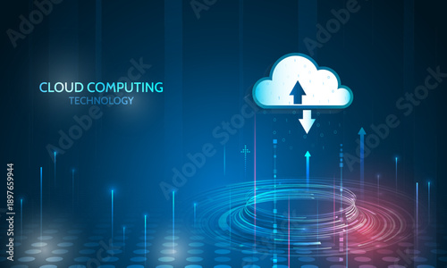 Cloud computing concept with upload and download icons, digital data streams, and futuristic interface on blue background, representing online storage, networking, and modern IT infrastructure.