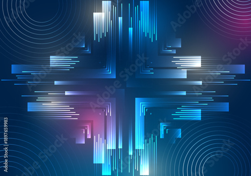 Abstract high-tech background with glowing geometric cross and motion lines on blue gradient, symbolizing digital transformation, data flow, innovation and modern technology design.