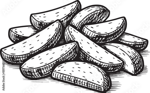 Potato wedges pile isolated scene thick cut rustic texture for food packaging and label design