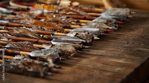 Close up of traditional metal arrowheads with wooden shafts, historical archery weapons arranged on dark surface, medieval craftsmanship concept
