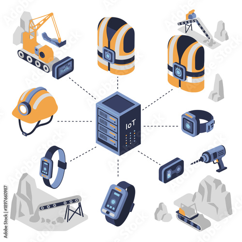 IoT devices and equipment for industrial and construction site monitoring.