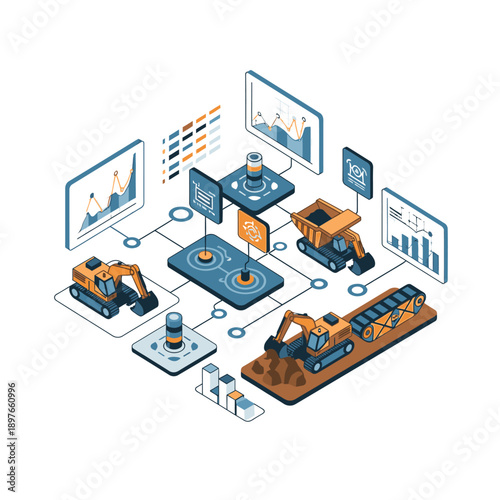 Industrial machinery workflow diagram with data analytics and monitoring screens.