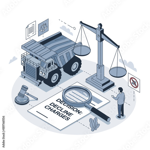 Isometric illustration of a justice scene with a truck on a scale and a decision to decline charges.