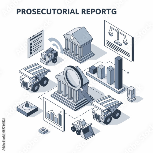 Isometric illustration of prosecutorial reporting with various elements.