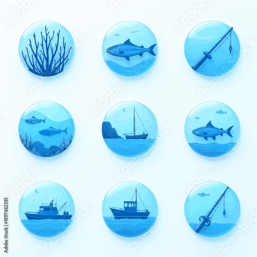 Oceanic elements for design with fish, boats, coral and fishing rods