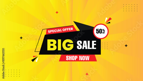 Big Sale 50% off discount badge design with Special offer shop now for Promotion and Advertising sticker label icon banner eps format editable template design with abstract yellow hot background