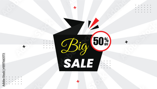 Big Sale banner design with 50% off discount for Promotion and Advertising sticker label icon banner eps format editable template design with black shapes abstract white background vector illustration