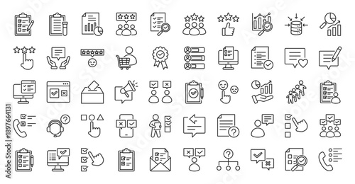 survey icon set outline contains questionnaire, poll, assessment, campaign, population, vote, answer, participant, correspondence, crm, customer service, client support, complete, summary