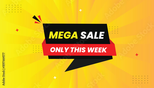 Mega sale badge design with only this week for Promotion and Advertising sticker label icon banner eps format editable template design black and red shapes with abstract yellow background illustration
