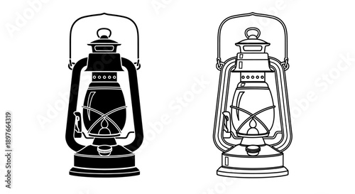 Lantern Icon: Old Oil Lamp Symbol in Black and White Vector