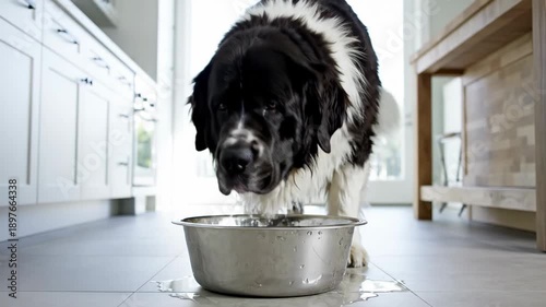 A large black and white dog drinking water from a bowl, spilling some drops on the kitchen floor. Pet hydration and animal care concept