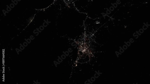 Night satellite fly over from Tirana to Durrës, Albania, urban lights and coastal port view, animation based on Nasa imagery