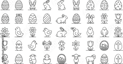 Easter icons set with eggs, bunnies, flowers, and chicks