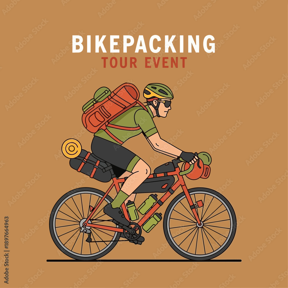 Obraz premium Adventurous Cyclist Embarks on a Bikepacking Tour: An Illustration Depicting a Journey