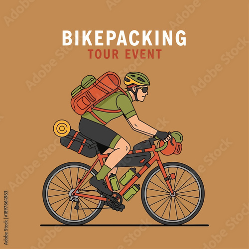 Adventurous Cyclist Embarks on a Bikepacking Tour: An Illustration Depicting a Journey
