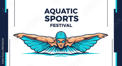 Aquatic Sports Festival Illustration Depicting a Swimmer in a Butterfly Stroke Style