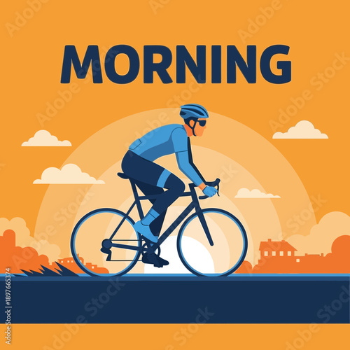 Athlete Cycling Through Sunrise Cityscape And Clouds