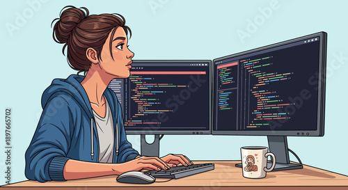 Young woman programmer intently works on a computer, typing code on a keyboard while focusing on multiple monitors displaying complex programming language scripts.