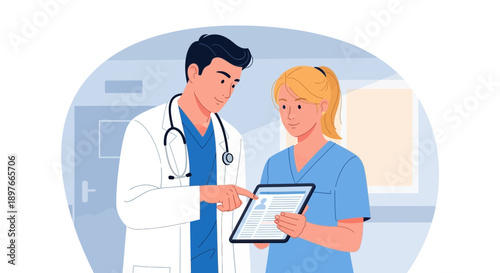 Medical professionals, a doctor and a nurse, discuss patient information on a digital tablet within a hospital or clinic setting, highlighting modern healthcare technology.