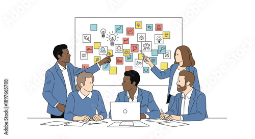 Business professionals collaborate during a meeting, brainstorming new ideas and strategies on a whiteboard filled with colorful notes and icons, working together to achieve common goals.