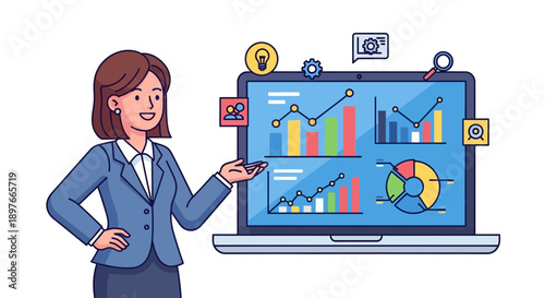 Businesswoman in a professional suit smiles while presenting various data charts, graphs, and analytical icons displayed prominently on a large laptop screen, representing business analysis.