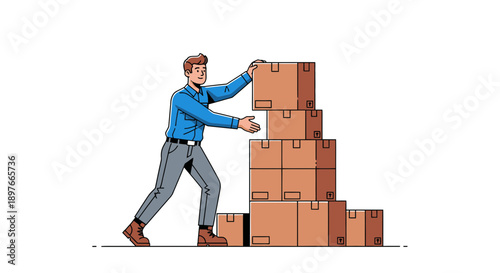 Man in blue shirt and grey pants carefully stacks a growing pile of brown cardboard boxes on a clean white background, depicting efficient warehouse organization.