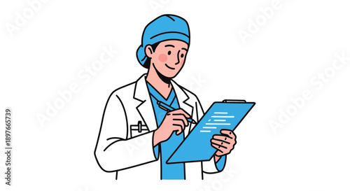 Doctor in scrubs and lab coat holds a clipboard and pen, reviewing patient notes on a plain white background, symbolizing medical record keeping.
