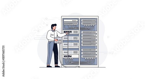 Technician performs maintenance and configuration on a large server rack, illustrating essential IT infrastructure management and data center operations.