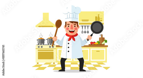 Energetic chef in a classic uniform joyfully holds a wooden spoon and frying pan, standing confidently in a bright, fully equipped kitchen environment.