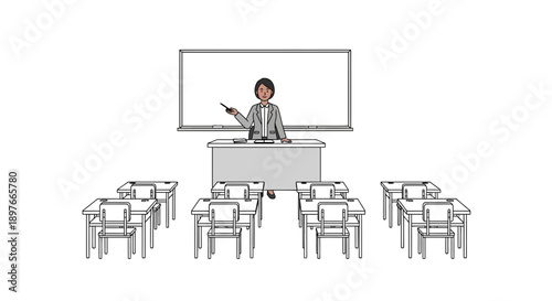 Teacher stands at a podium in a classroom with empty desks and chairs, pointing towards a blank whiteboard, ready to begin a lesson or present information.