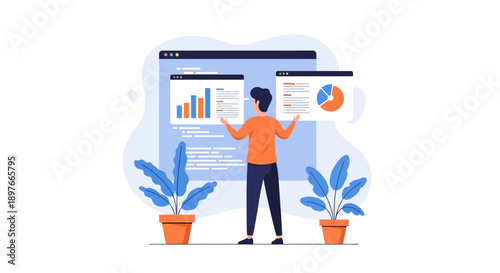 A man analyzes business data and financial reports displayed on multiple screens, demonstrating effective data visualization and management.