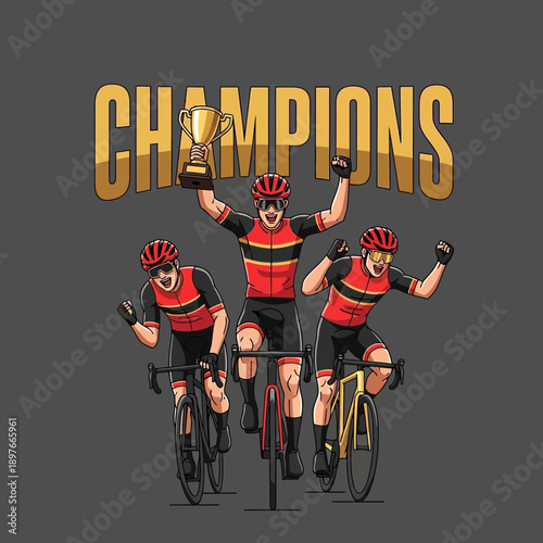 Celebration Of Cyclist Victory And Triumph With Championship Trophy