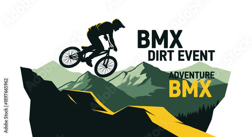 BMX Dirt Event Adventure Silhouette Rider Mid-Air Jump Mountain Landscape