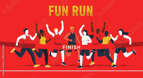 Celebration Of Diverse Group Crossing The Finish Line In A Vibrant Fun Run Event