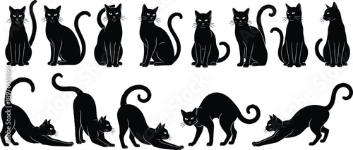 Black cat silhouette set featuring elegant feline poses sitting and stretching, ideal for Halloween graphics, pet logos, cute mascot designs, and vector clipart.