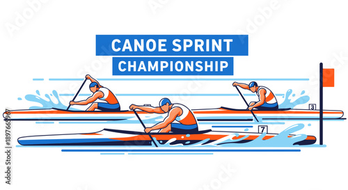 Canoe Sprint Championship Depicting Athletes Racing in Boats with Water Splash