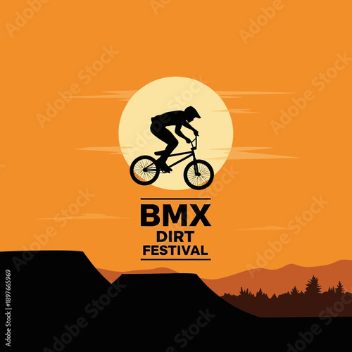 BMX Dirt Festival Silhouette Against Sunset: An Action-Packed Extreme Sports Illustration
