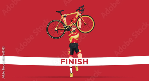 Celebratory Cyclist Lifts Bike Over Finish Line in Victory Pose