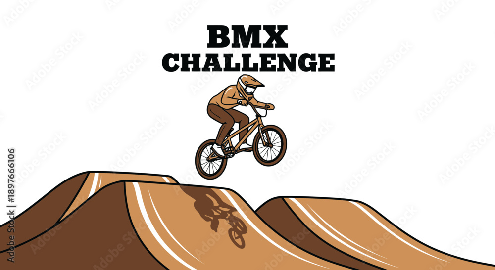 Fototapeta premium BMX Rider Performing Stunt Jumping Over Dirt Ramps Against a Pure White Backdrop